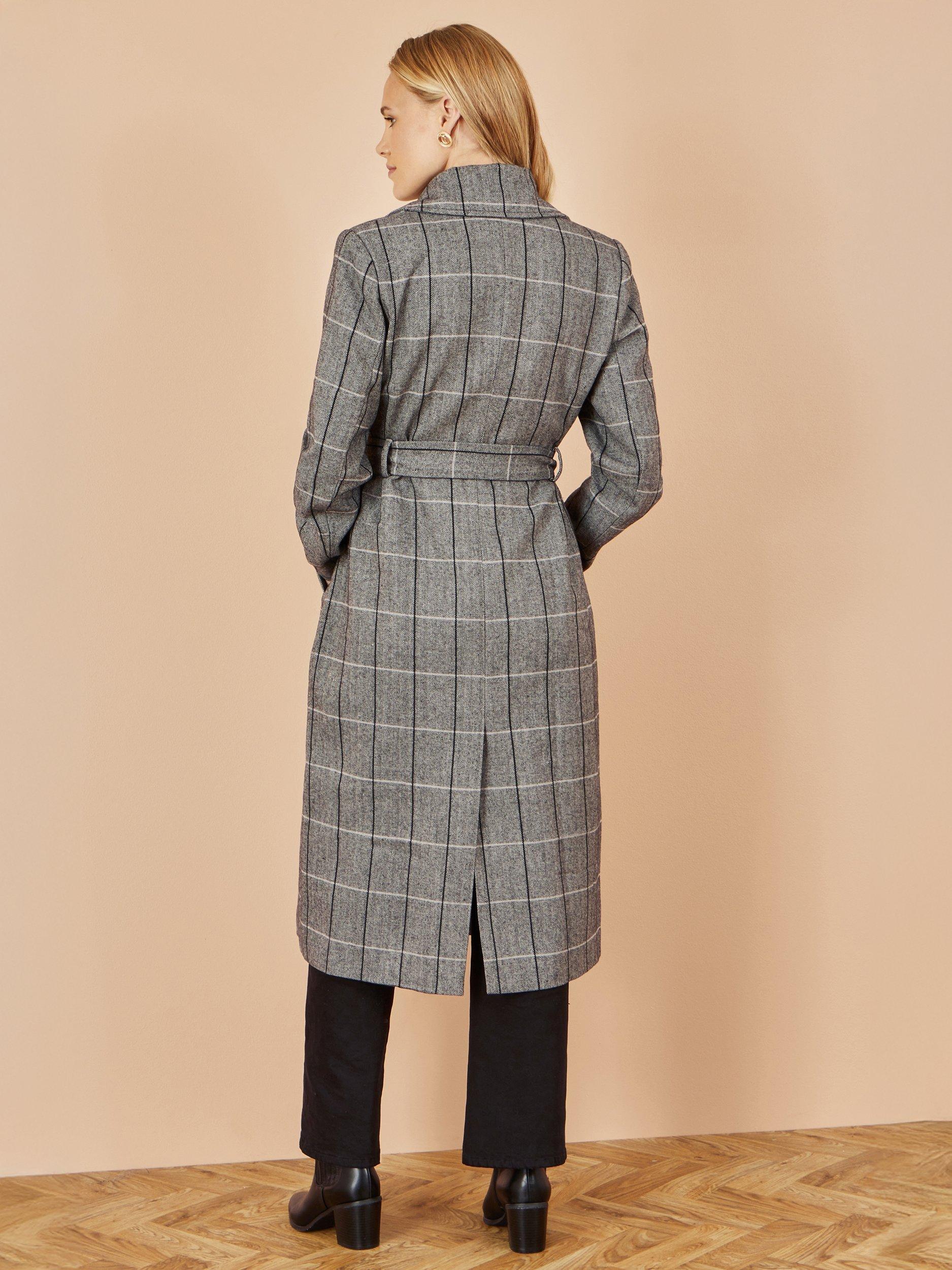 Product image 4 of 5, which shows Yumi Check Oversized Long Biker Coat, Grey, 8