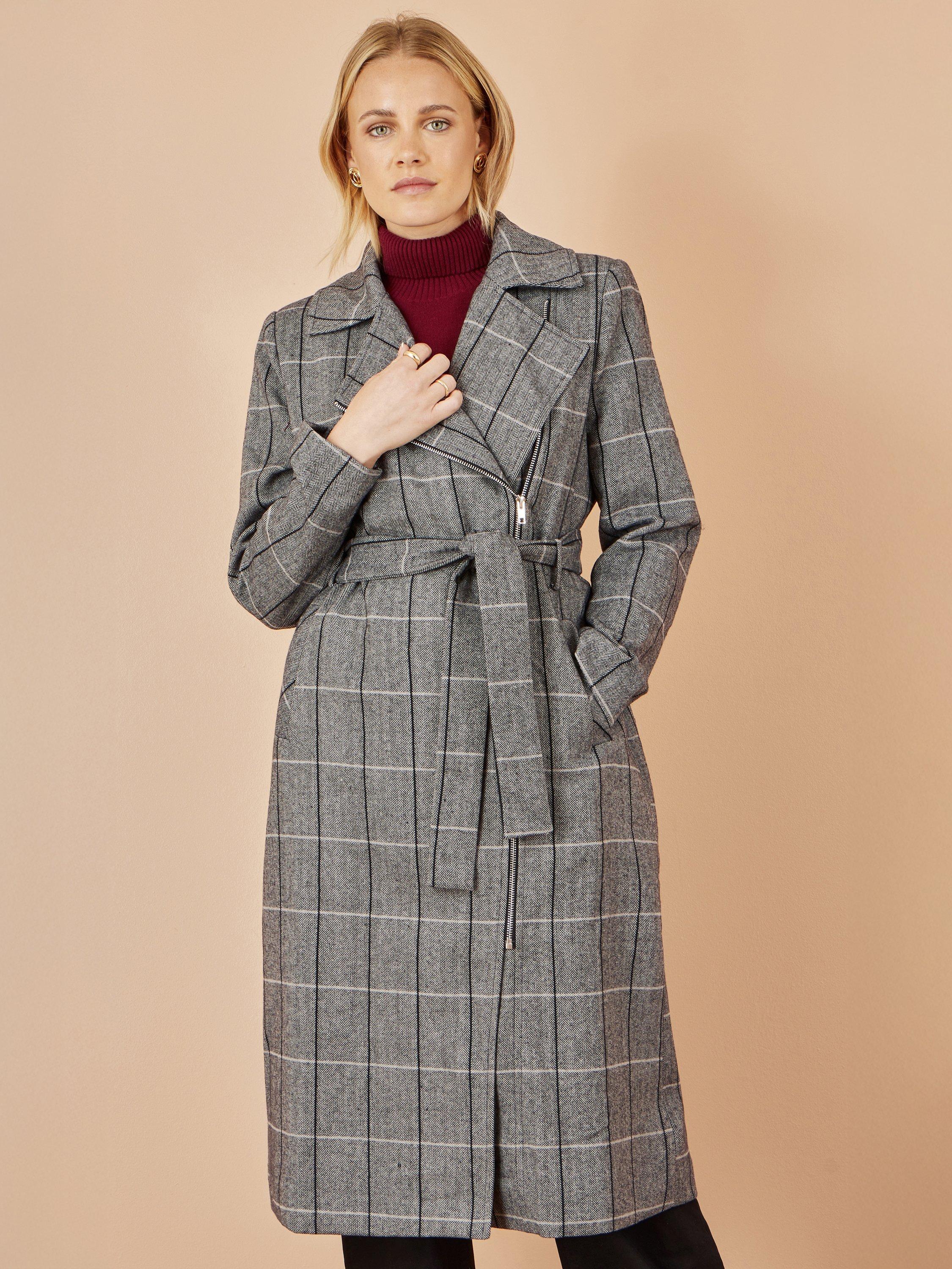 Product image 5 of 5, which shows Yumi Check Oversized Long Biker Coat, Grey, 8