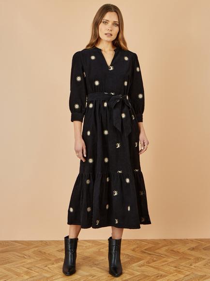 Yumi Cosmic Embroidered Corduroy Midi Dress, Black, Black