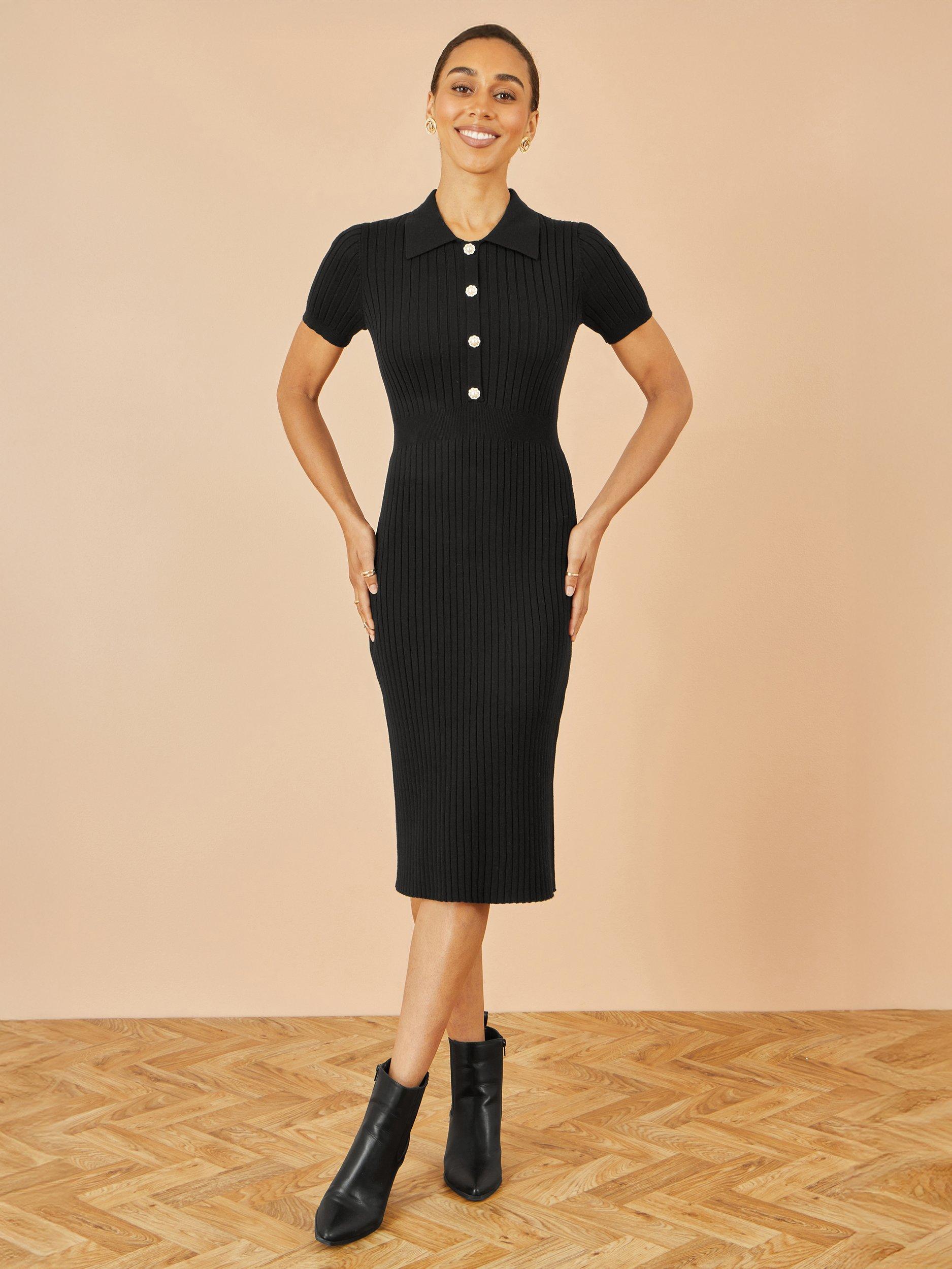 Product image 2 of 5, which shows Yumi Daisy Button Detail Rib Knit Dress, Black, S