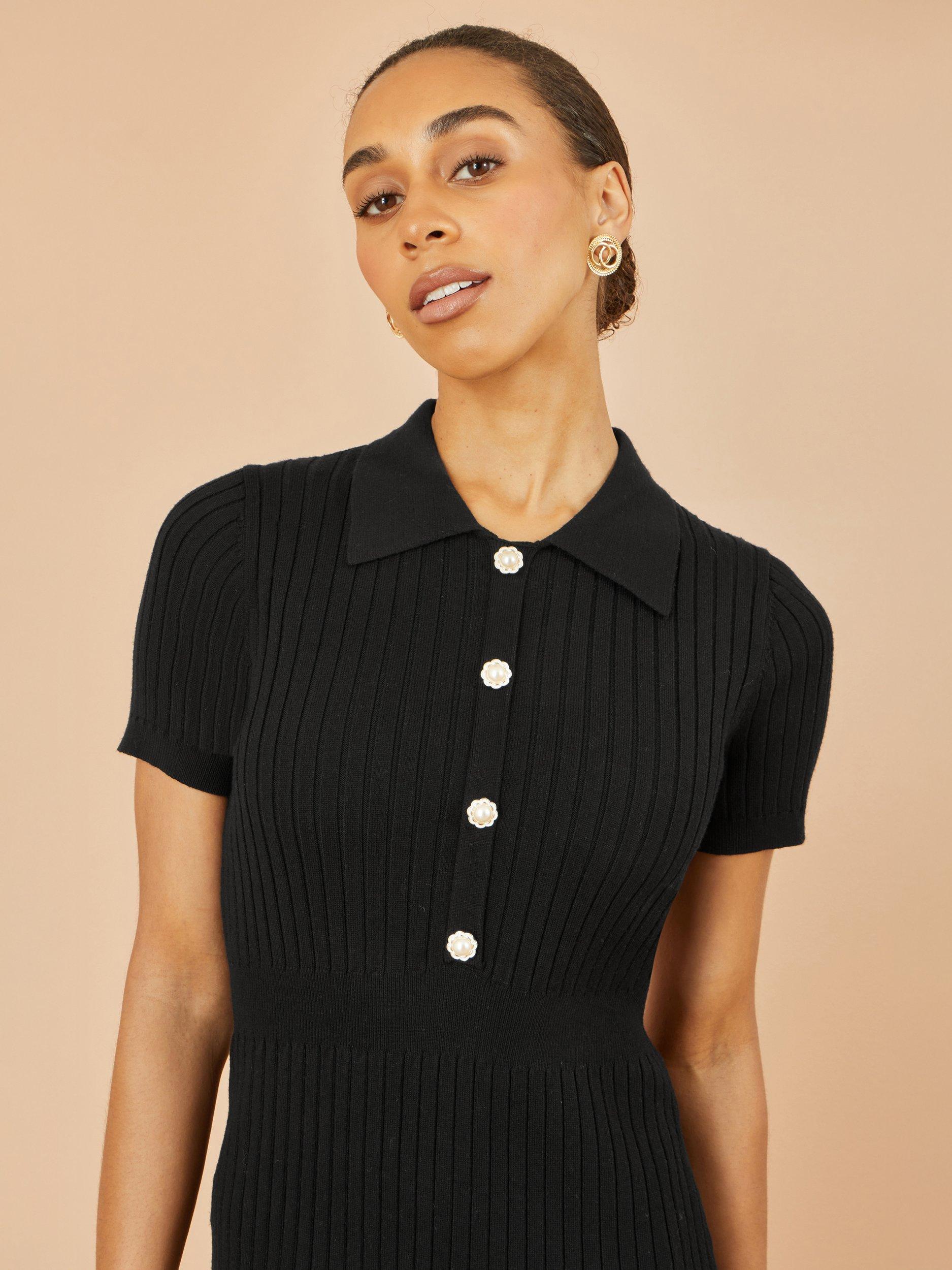 Product image 3 of 5, which shows Yumi Daisy Button Detail Rib Knit Dress, Black, S