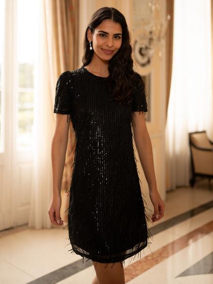 Yumi Dripping Sequin Tunic Dress, Black, Black