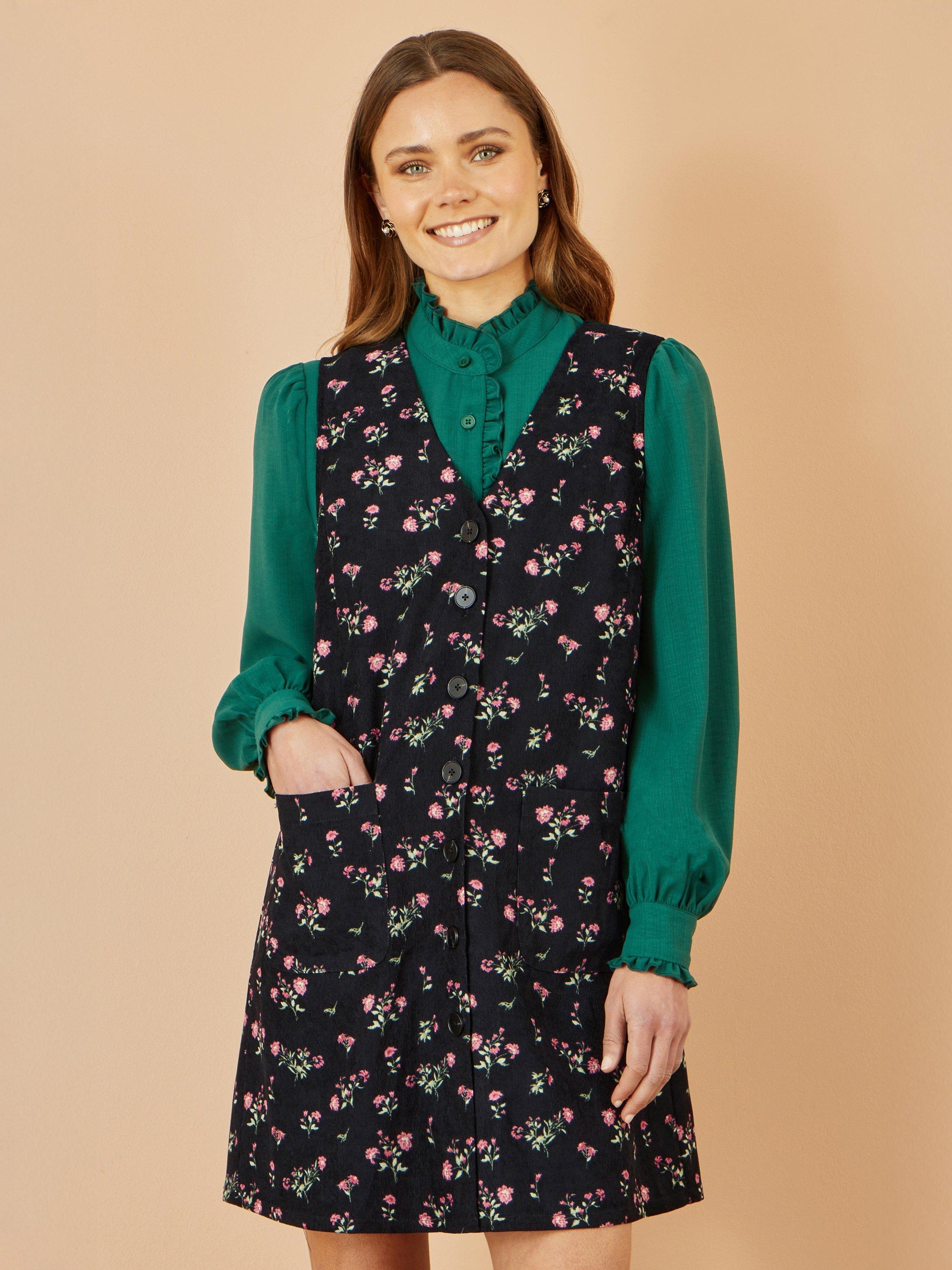 Product image 1 of 5, which shows Yumi Floral Button Down Pinafore Dress, Black, 8