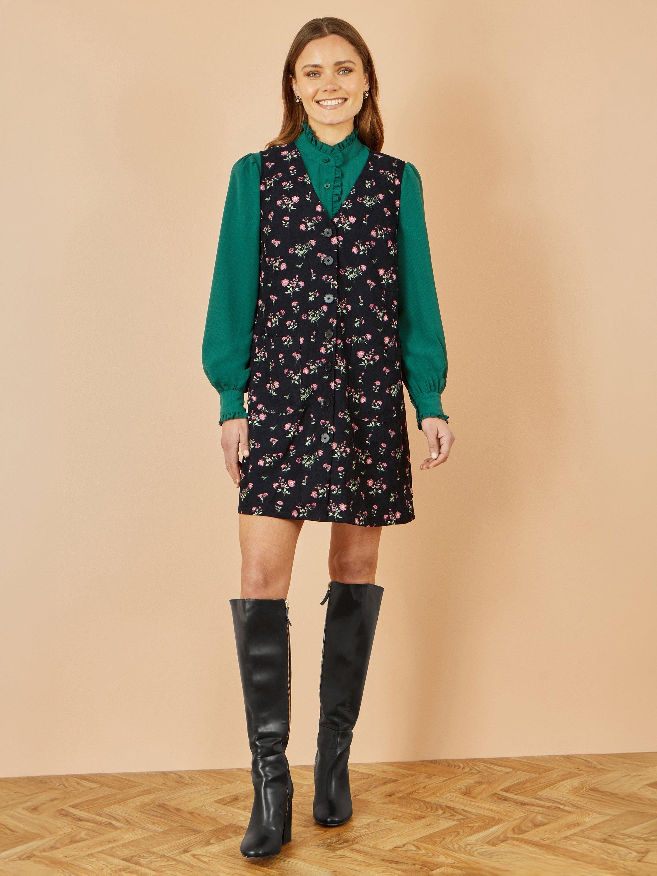 Product image 2 of 5, which shows Yumi Floral Button Down Pinafore Dress, Black, 8