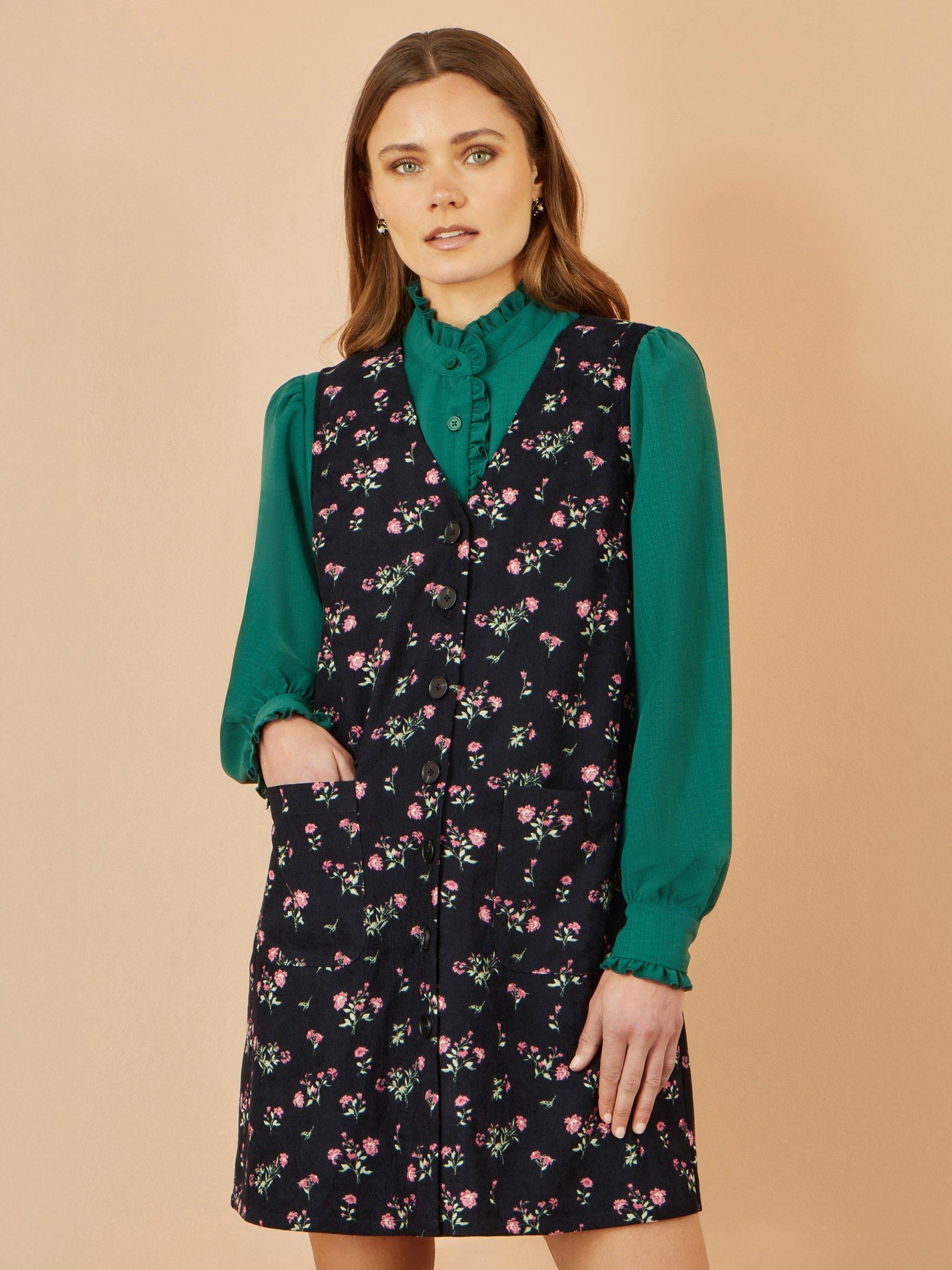 Product image 5 of 5, which shows Yumi Floral Button Down Pinafore Dress, Black, 8