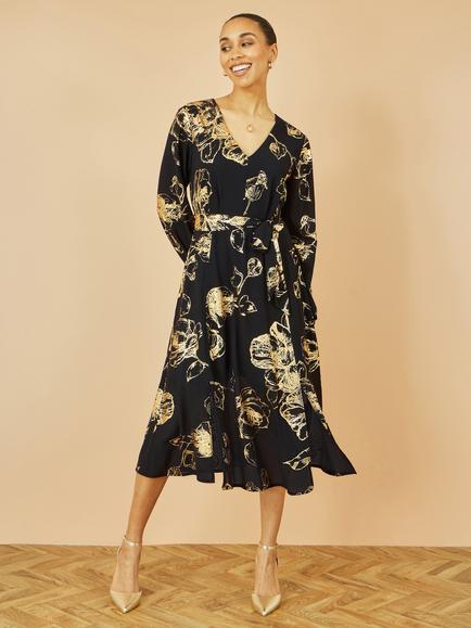 Yumi Foil Rose Print Midi Dress, Black, Black