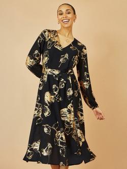 Yumi Foil Rose Print Midi Dress, Black - view 2, Black