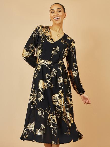 Yumi Foil Rose Print Midi Dress, Black - view 2, Black
