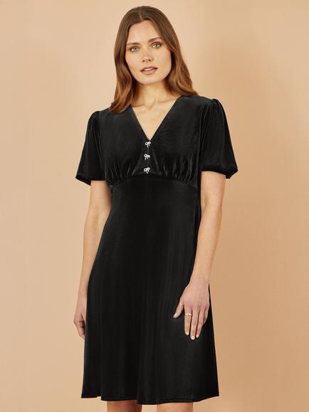 Yumi Diamante Bow Velvet Dress, Black