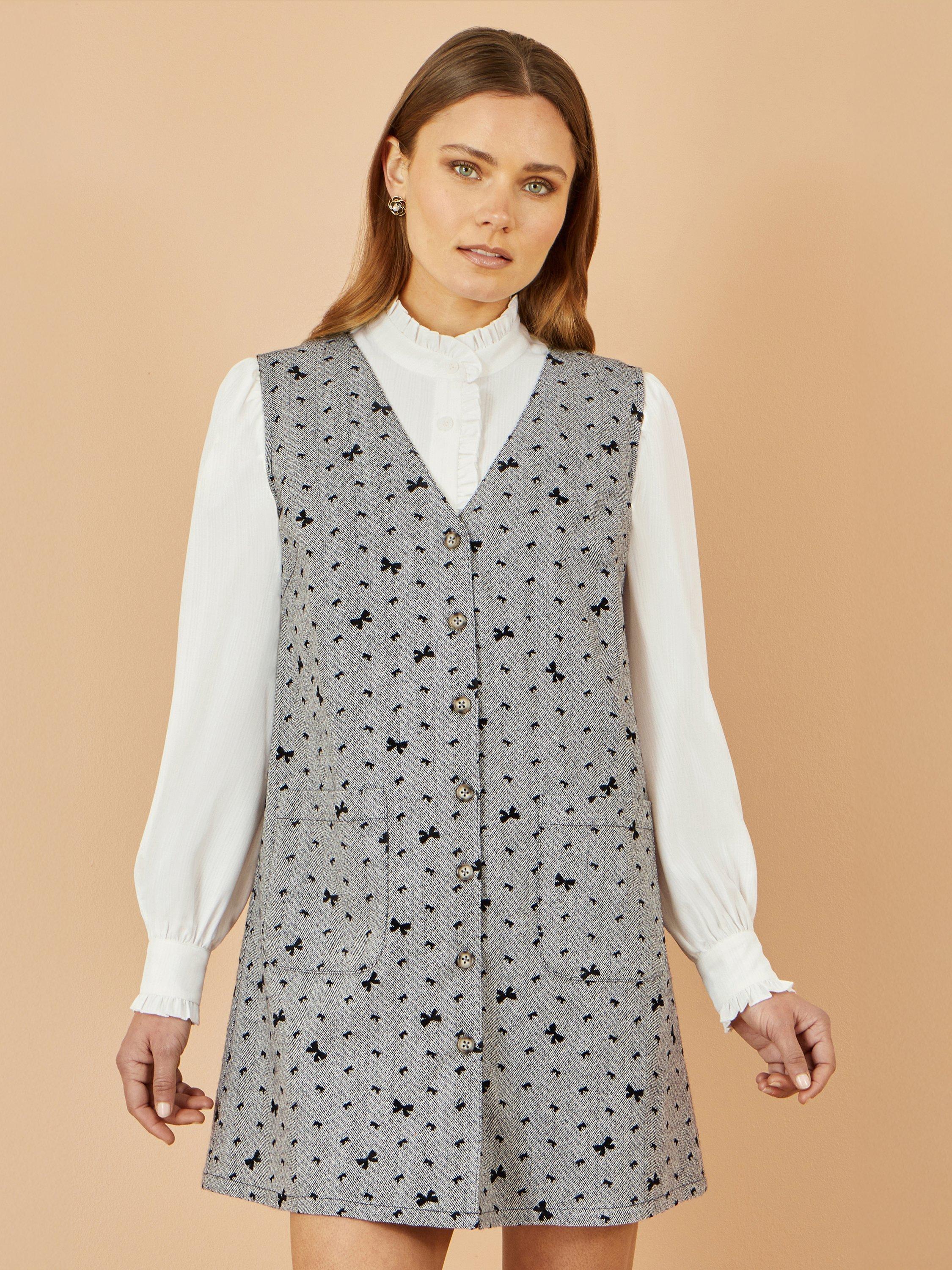 Product image 1 of 4, which shows Yumi Bow Print Pinafore Dress, Grey, 8