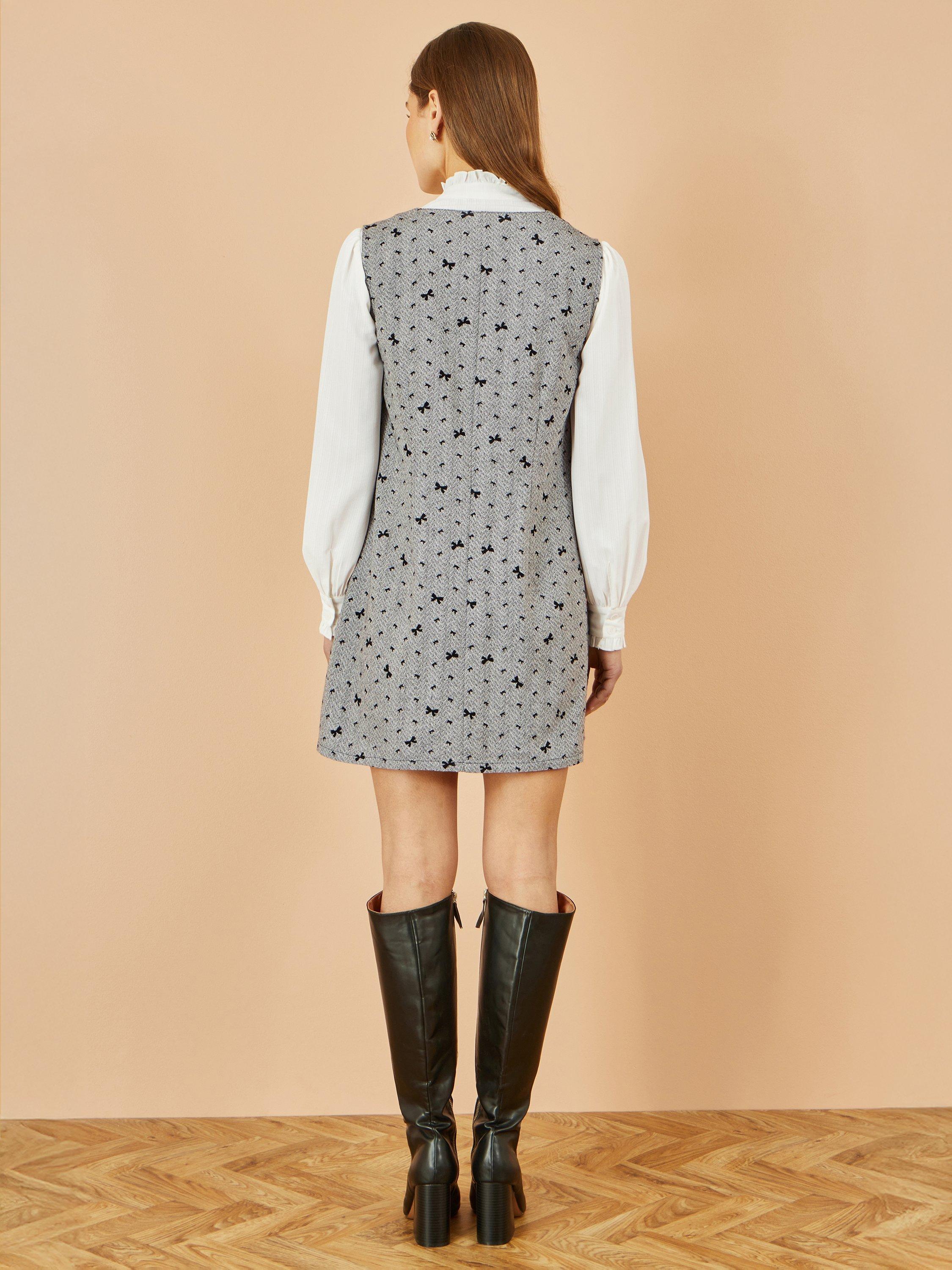 Product image 4 of 4, which shows Yumi Bow Print Pinafore Dress, Grey, 8