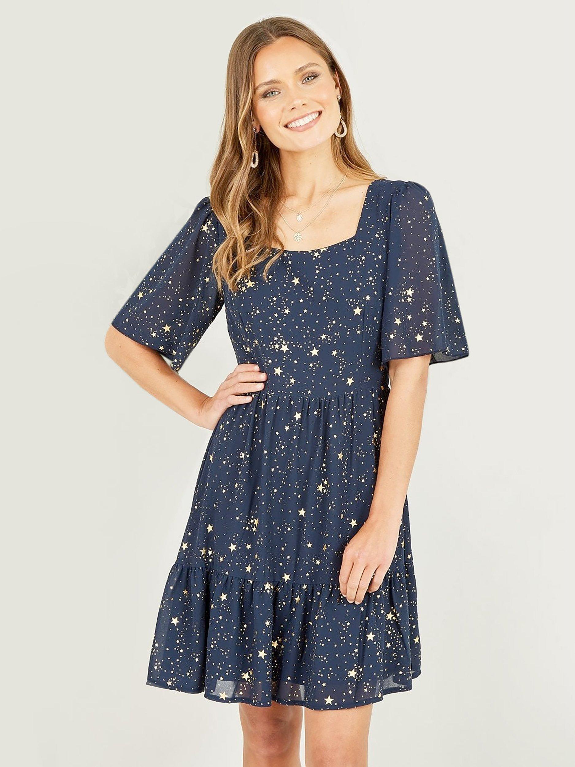 Product image 1 of 4, which shows Yumi Star Print Square Neck Dress, Navy, 8