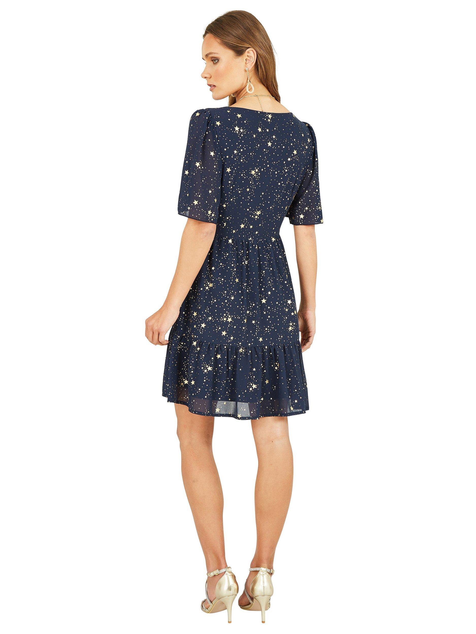 Product image 3 of 4, which shows Yumi Star Print Square Neck Dress, Navy, 8