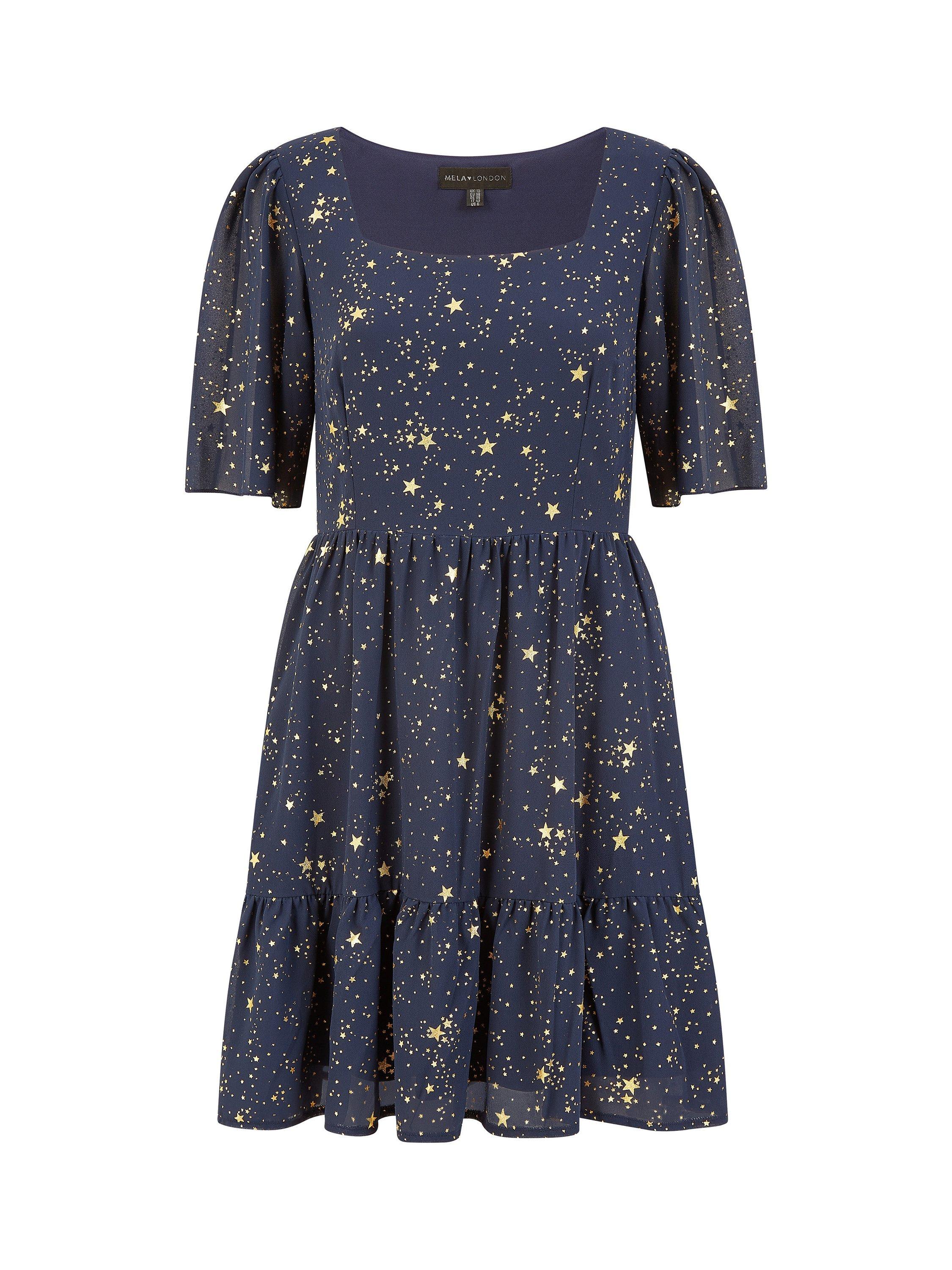 Product image 4 of 4, which shows Yumi Star Print Square Neck Dress, Navy, 8