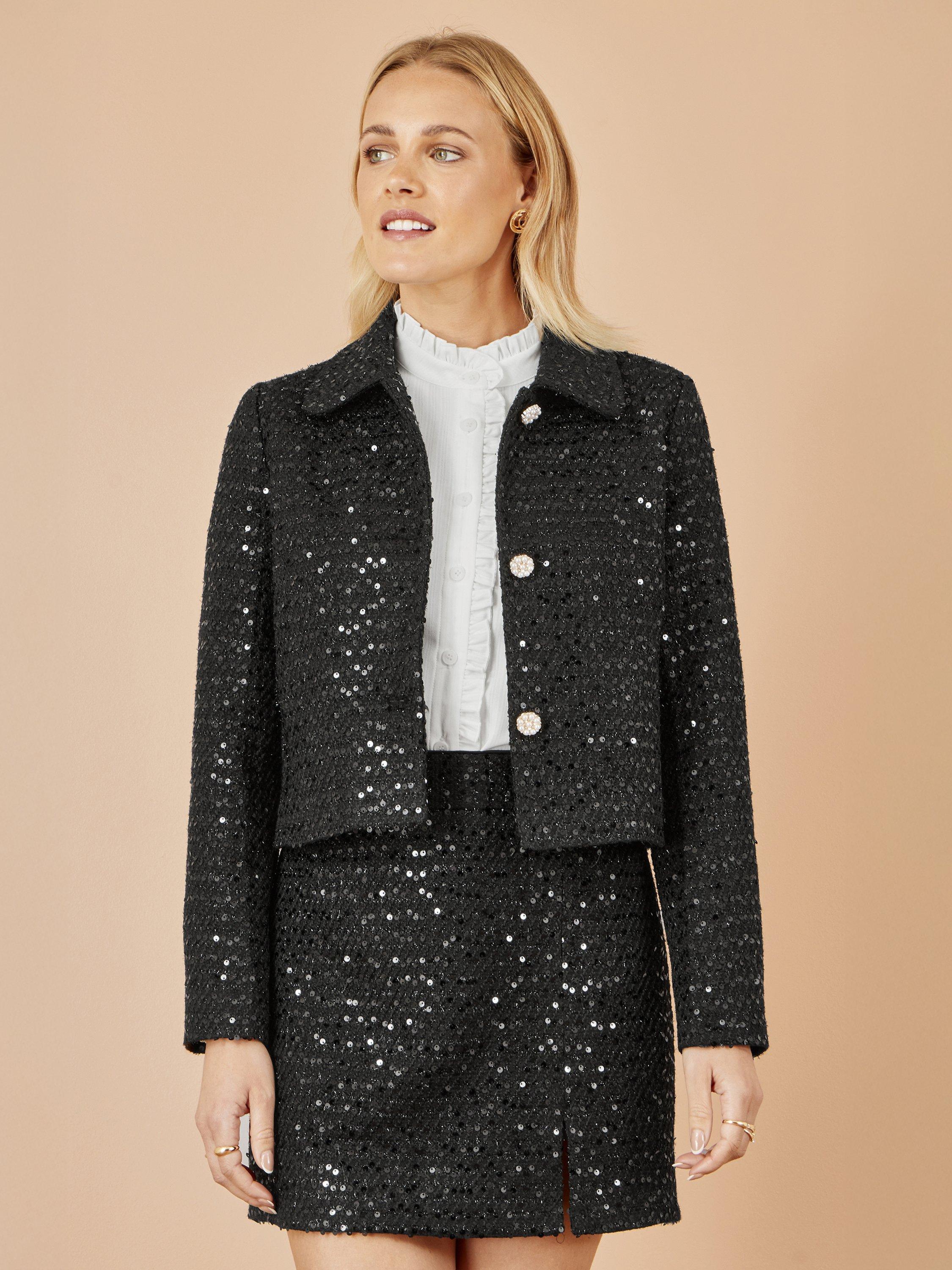 Product image 1 of 4, which shows Yumi Boucle Sequin Mini Skirt, Black, 8