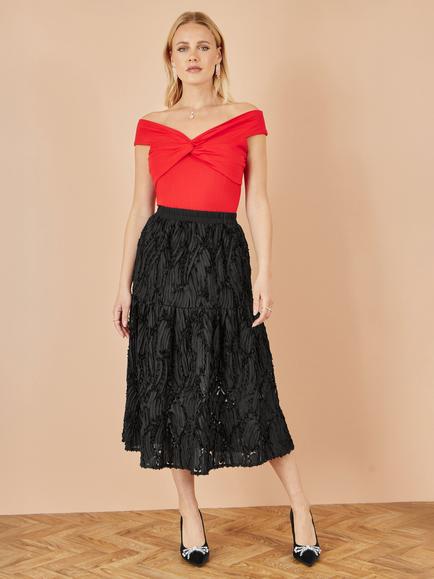 Yumi Mesh Sequin Midi Skirt, Black, Black