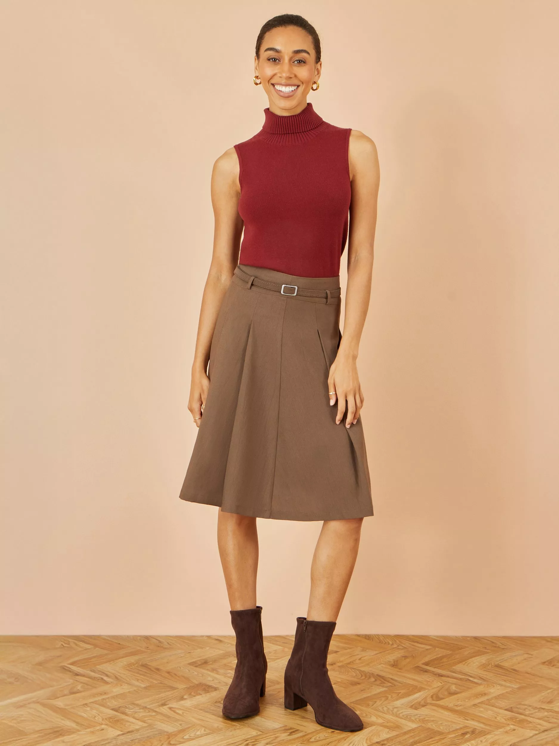 Yumi Belted Pleated Knee Length Skirt, Brown