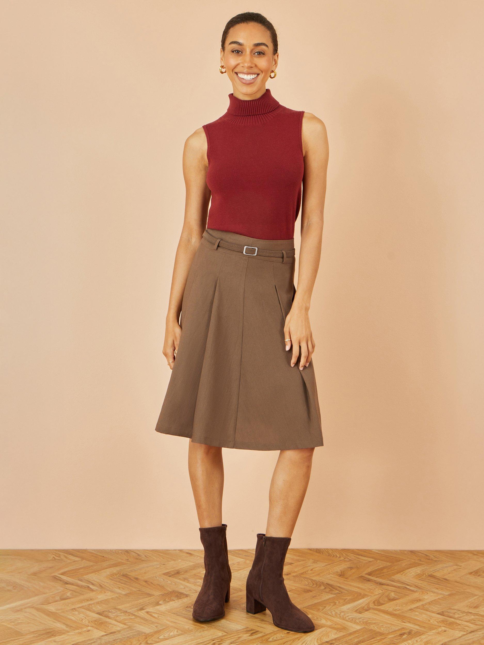 Yumi Belted Pleated Knee Length Skirt, Brown