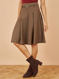 Yumi Belted Pleated Knee Length Skirt, Brown - view 2, Brown