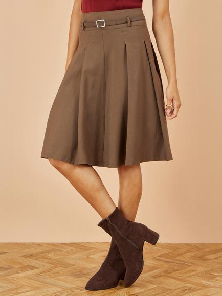 Yumi Belted Pleated Knee Length Skirt, Brown - view 2, Brown