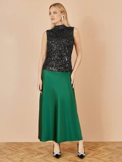Yumi Satin Midi Skirt, Green