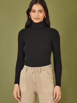 Yumi Ribbed Roll Neck Jumper, Black