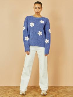 Yumi Crochet Flower Relaxed Fit Jumper, Blue - view 2, Blue