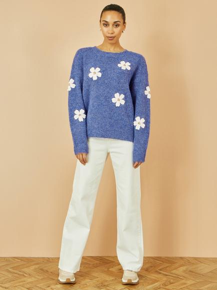 Yumi Crochet Flower Relaxed Fit Jumper, Blue - view 2, Blue