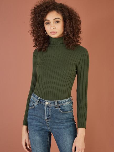 Yumi Ribbed Roll Neck Jumper, Green