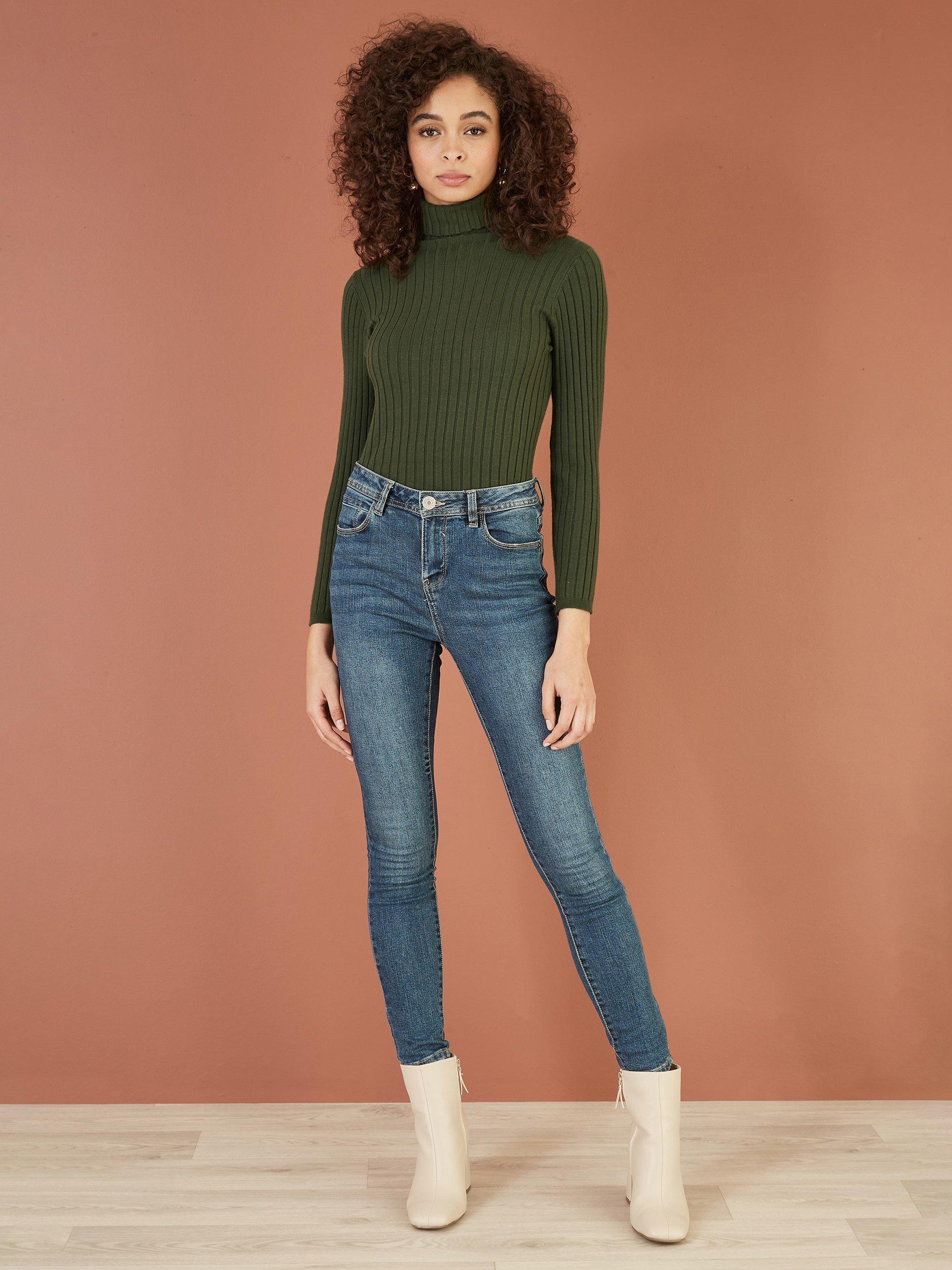 Product image 2 of 5, which shows Yumi Ribbed Roll Neck Jumper, Green, XS