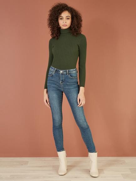 Yumi Ribbed Roll Neck Jumper - view 2, Green
