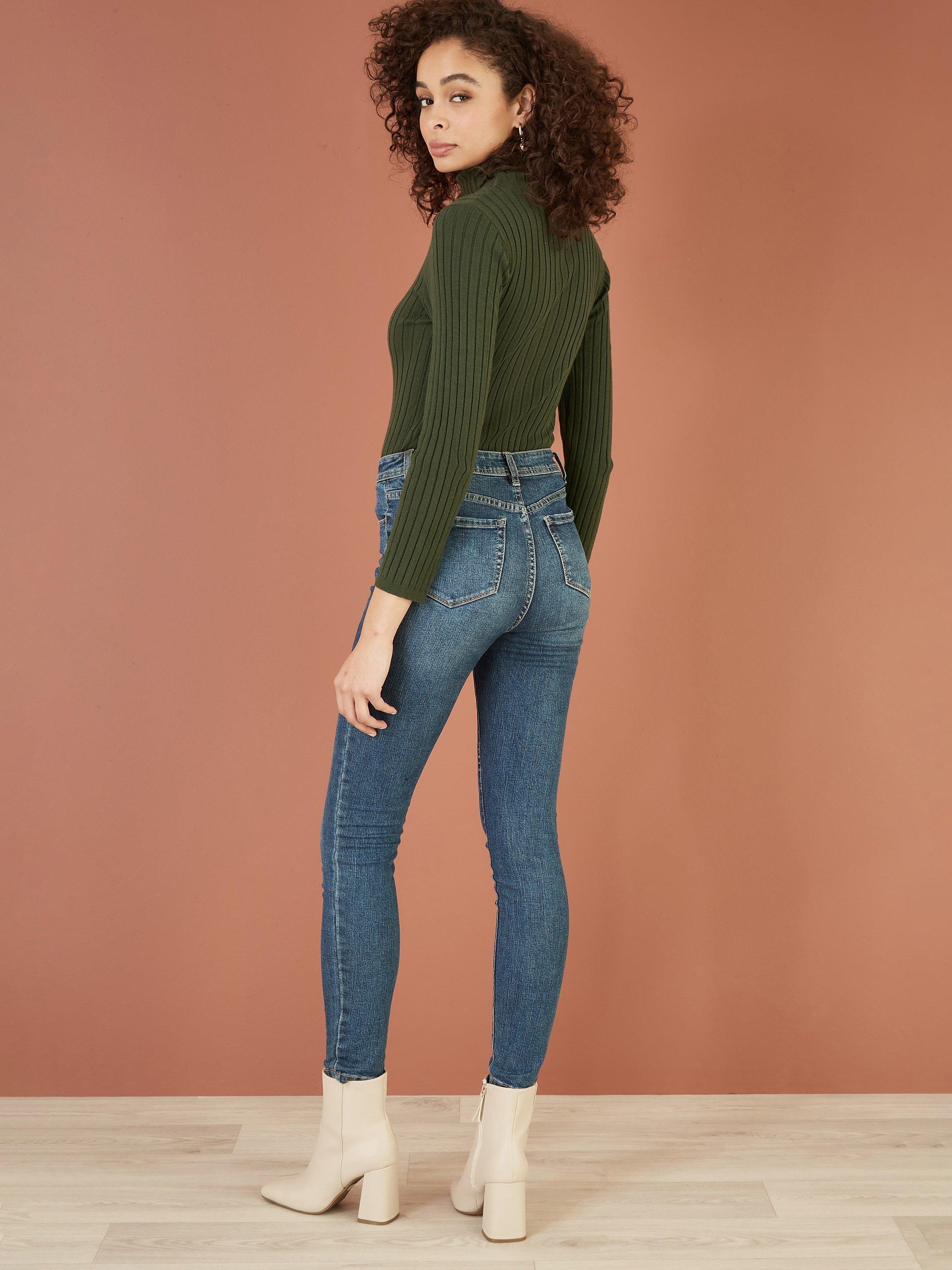 Product image 4 of 5, which shows Yumi Ribbed Roll Neck Jumper, Green, XS