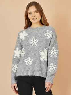 Yumi Relaxed Crochet Flowers Knit Jumper, Grey