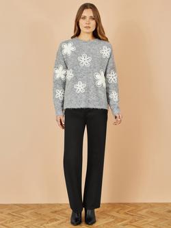 Yumi Relaxed Crochet Flowers Knit Jumper - view 2, Grey