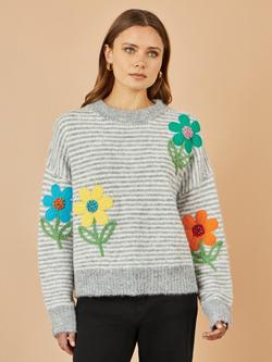 Yumi Floral Applique Stripe Jumper, Grey, Grey