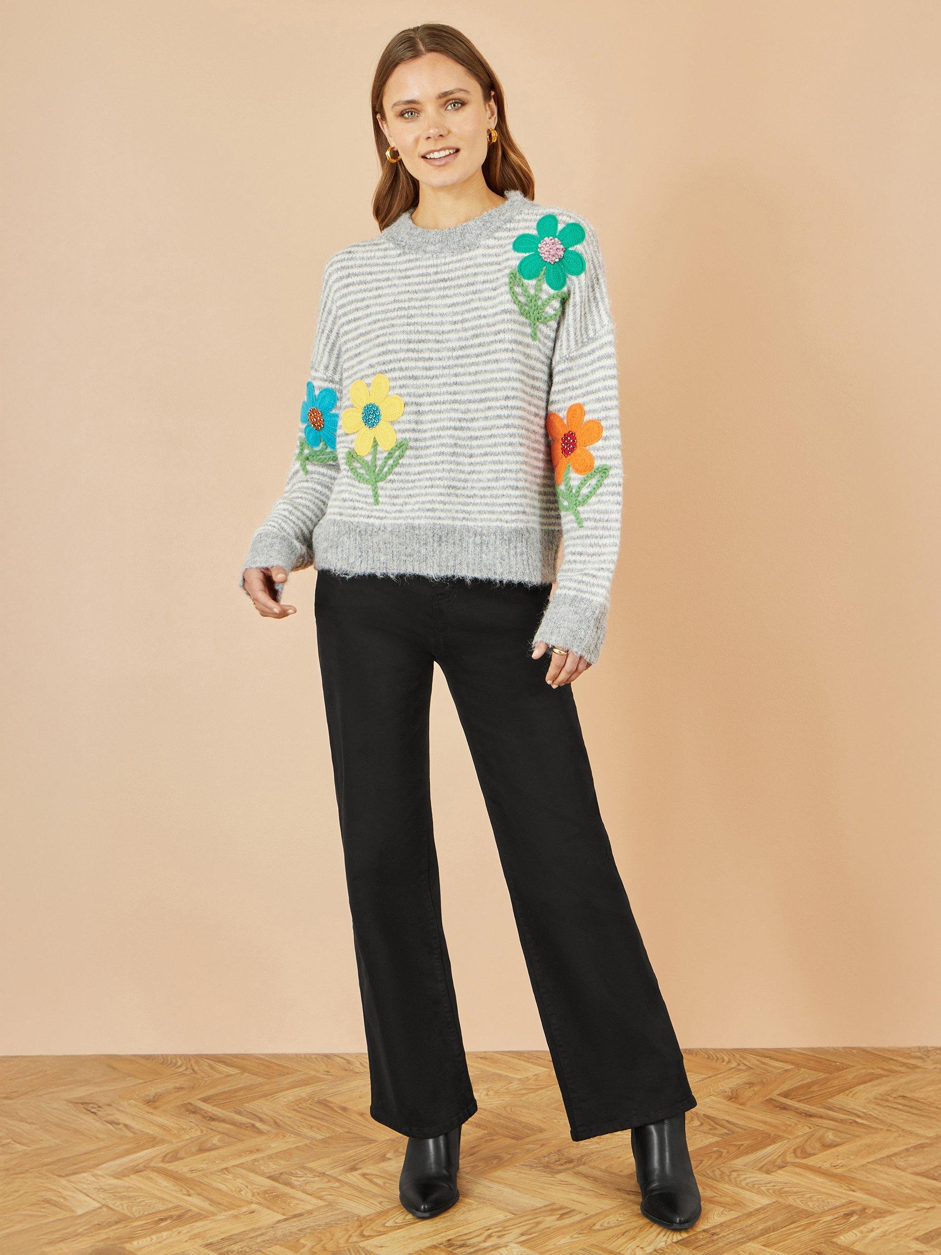 Product image 2 of 4, which shows Yumi Floral Applique Stripe Jumper, Grey, S