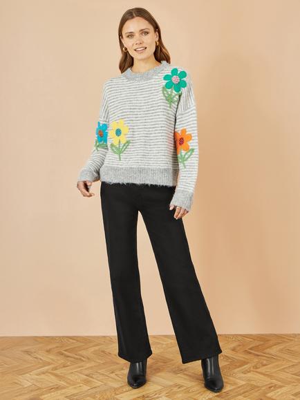 Yumi Floral Applique Stripe Jumper, Grey - view 2, Grey