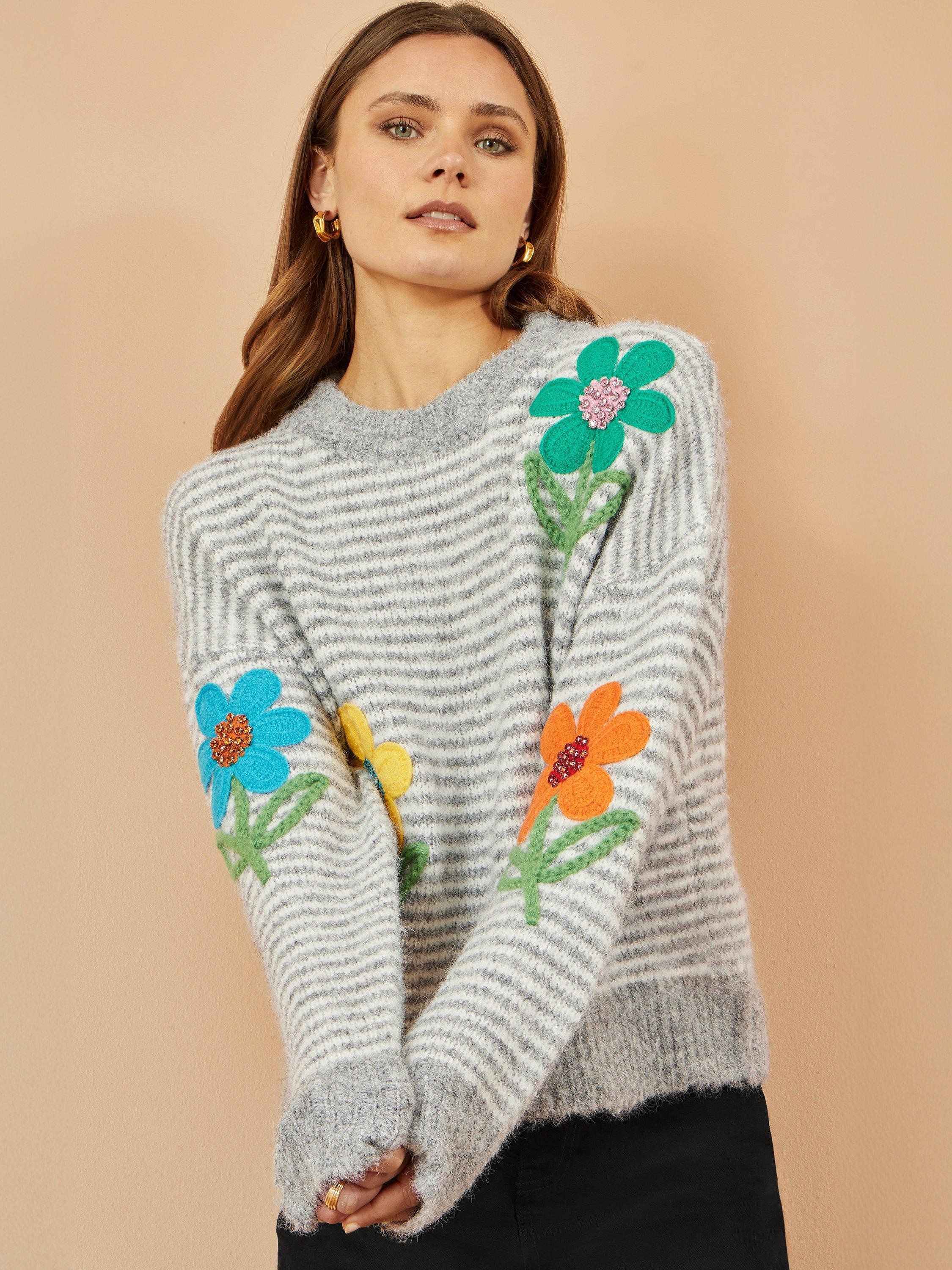Product image 3 of 4, which shows Yumi Floral Applique Stripe Jumper, Grey, S