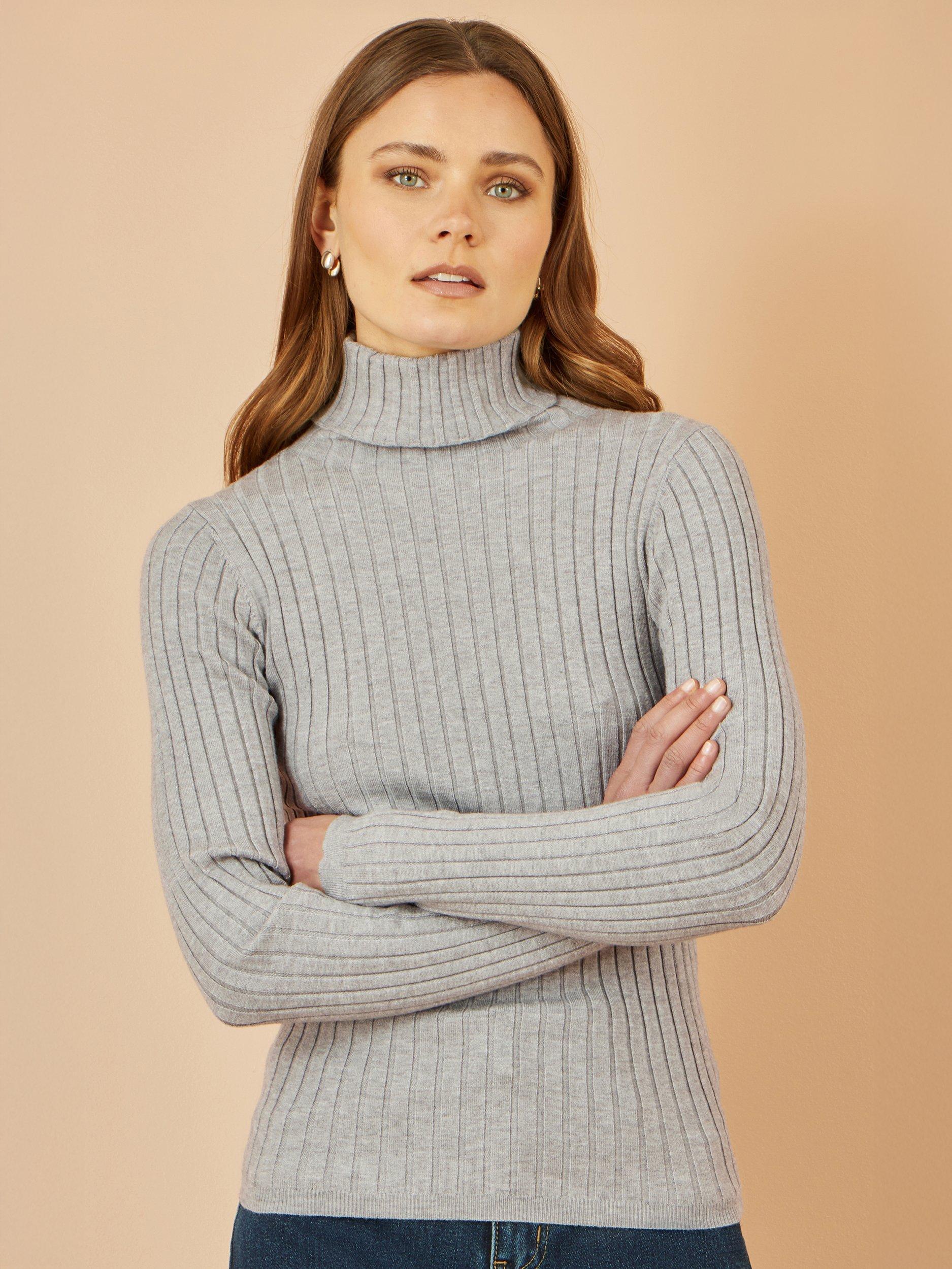 Product image 1 of 4, which shows Yumi Ribbed Roll Neck Jumper, Grey, XS