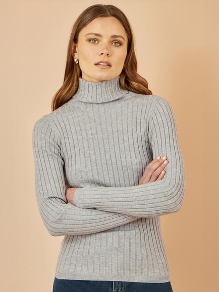 Yumi Ribbed Roll Neck Jumper, Grey
