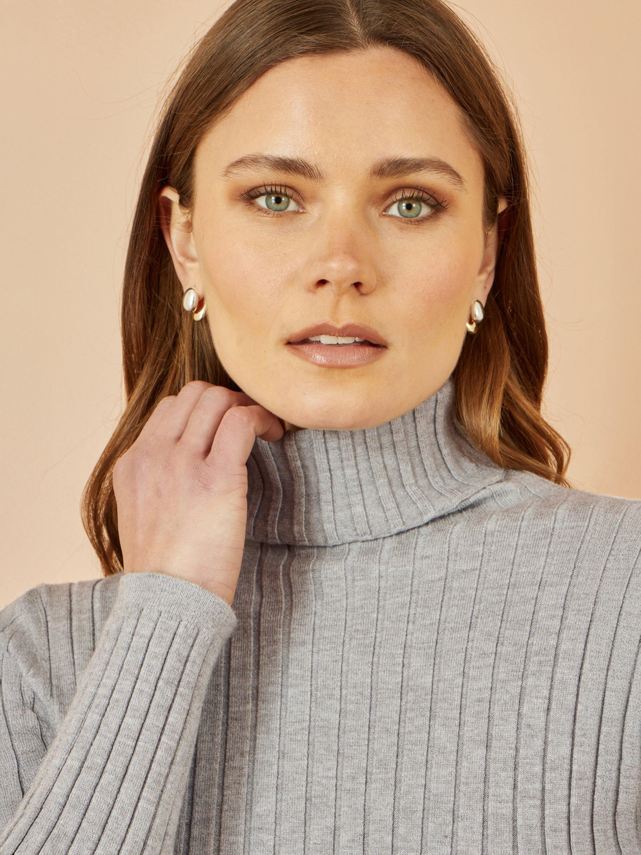 Product image 3 of 4, which shows Yumi Ribbed Roll Neck Jumper, Grey, XS