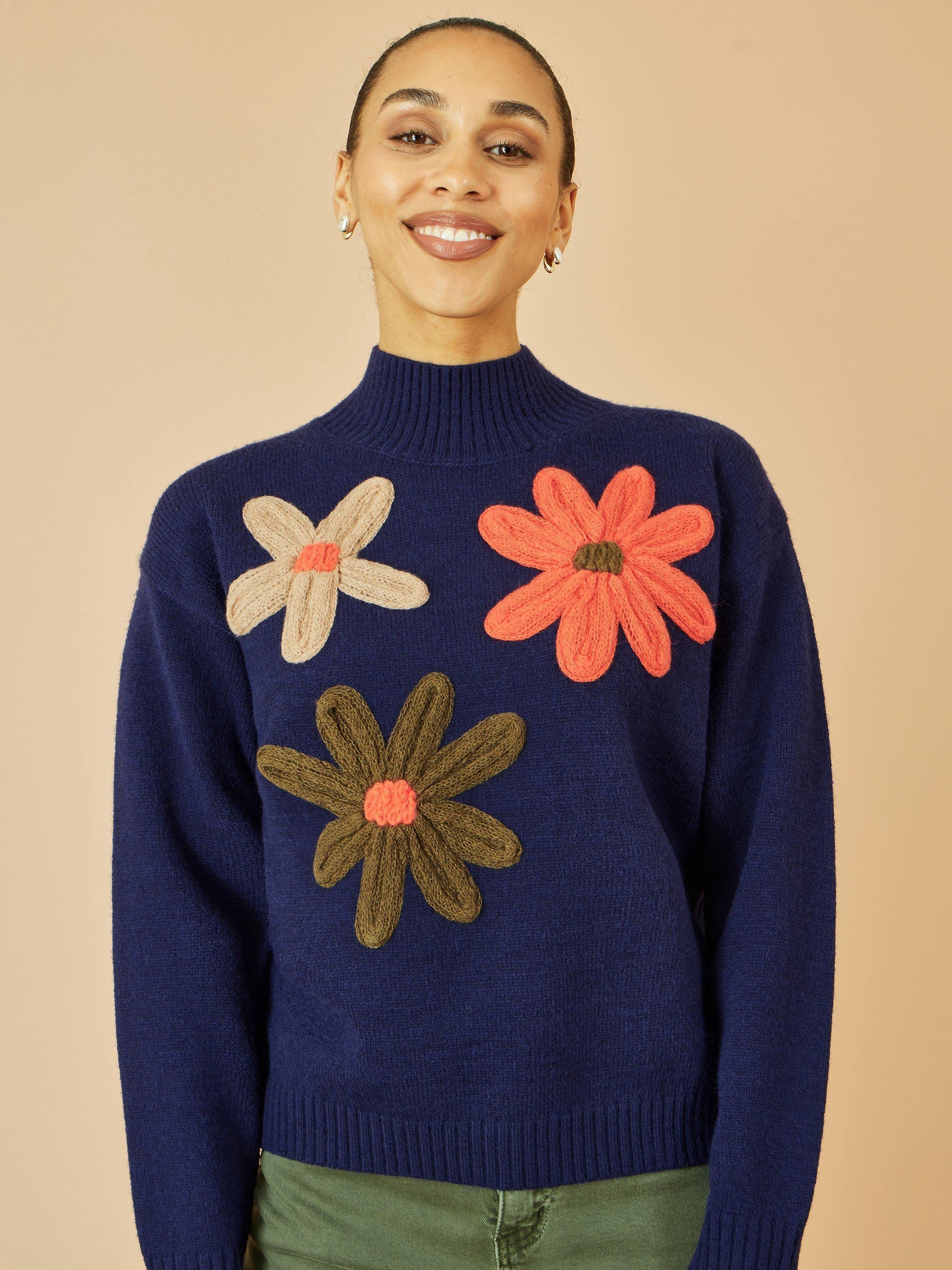 Product image 1 of 5, which shows Yumi Applique Flowers High Neck Jumper, Navy, S