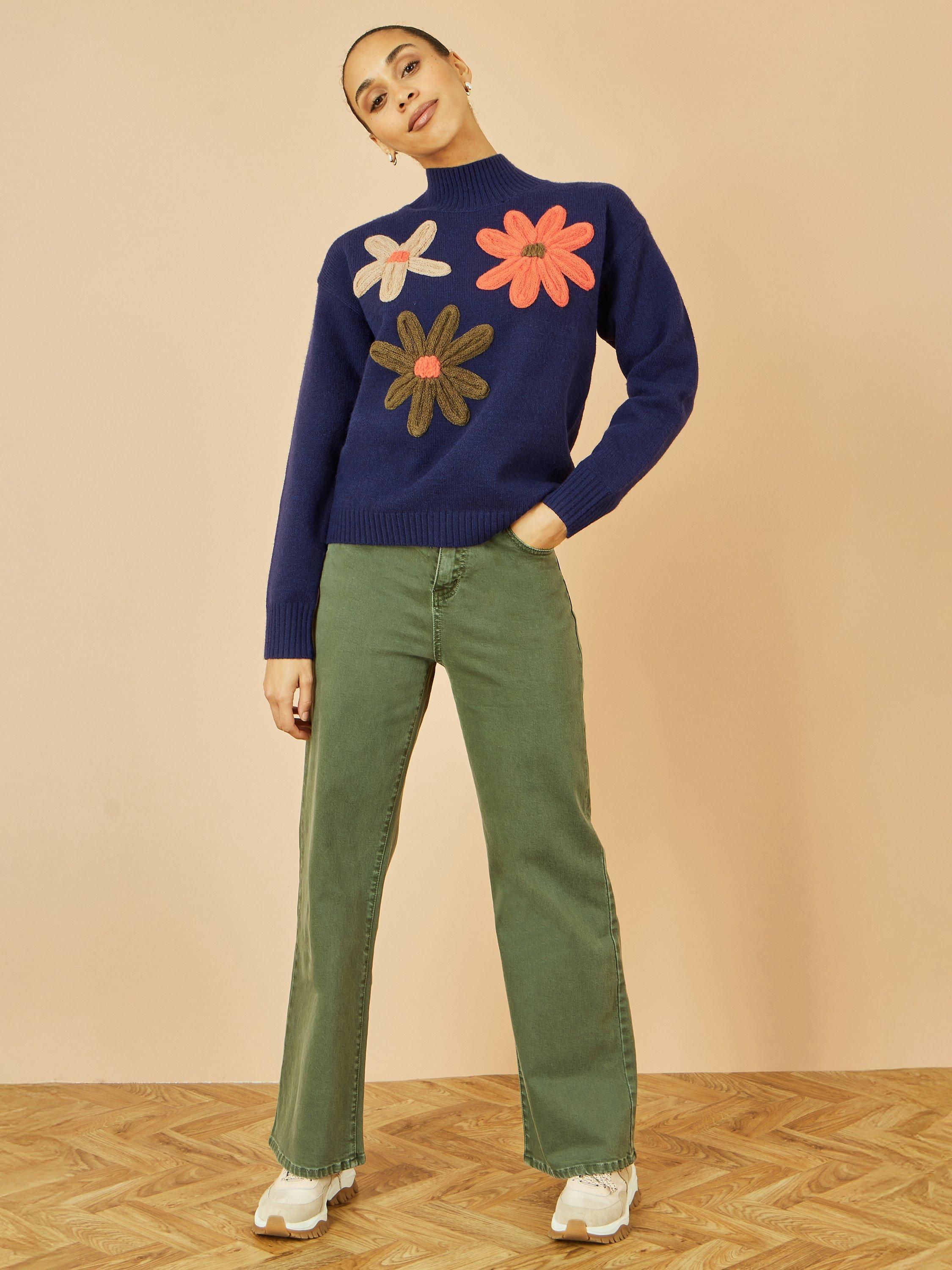 Product image 2 of 5, which shows Yumi Applique Flowers High Neck Jumper, Navy, S