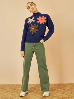 Yumi Applique Flowers High Neck Jumper - view 2, Navy