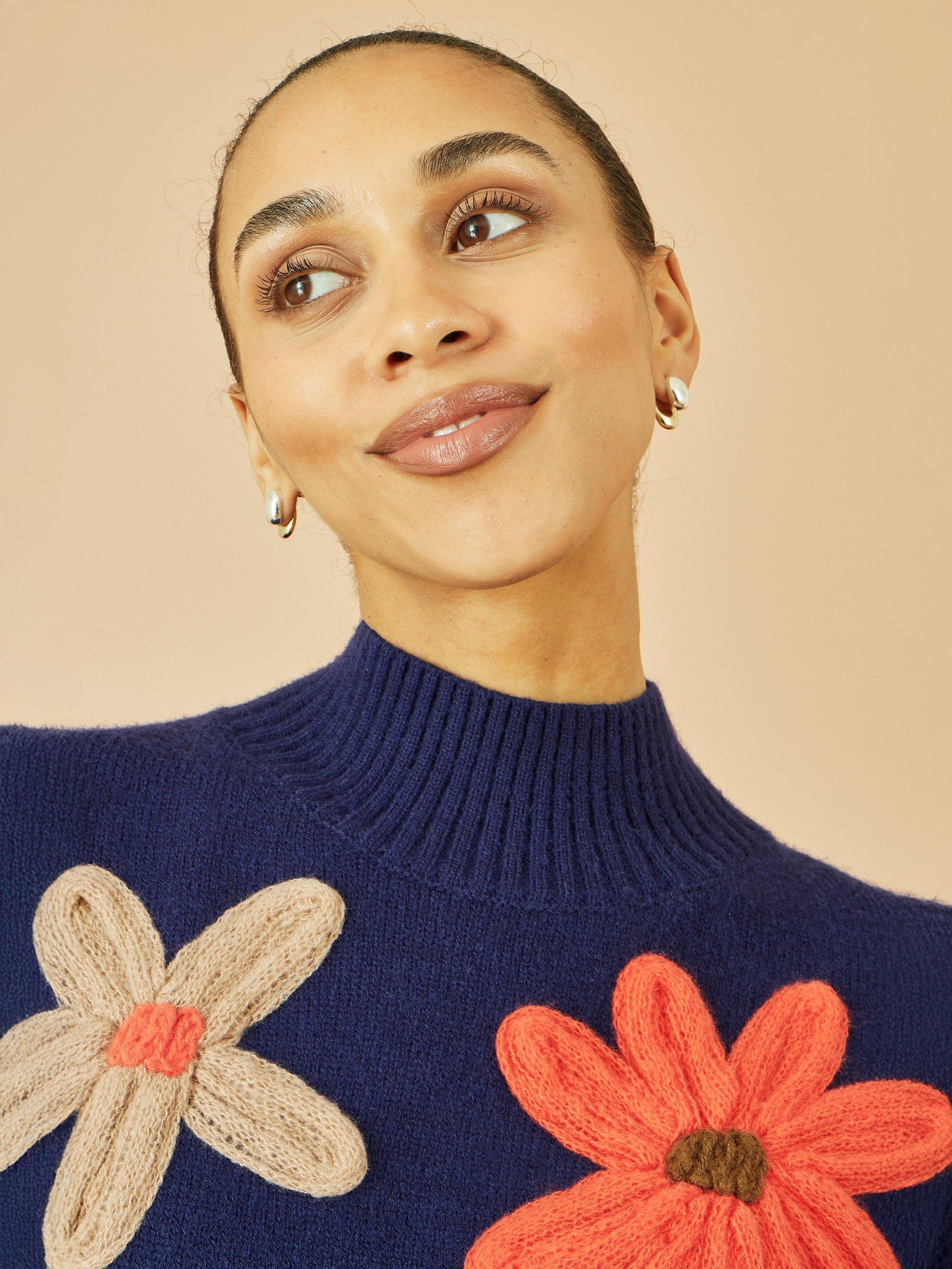 Product image 3 of 5, which shows Yumi Applique Flowers High Neck Jumper, Navy, S