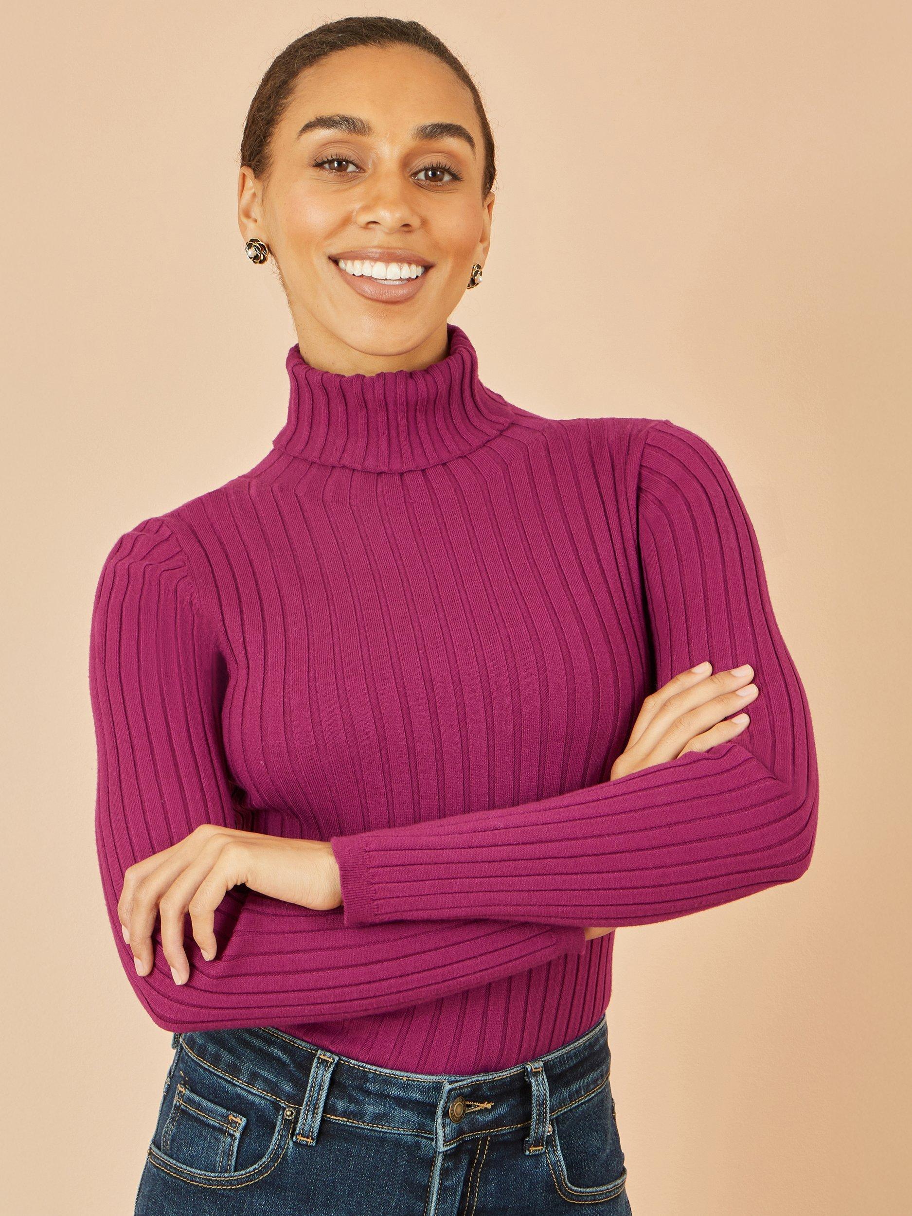 Product image 1 of 4, which shows Yumi Ribbed Roll Neck Jumper, Plum, XS