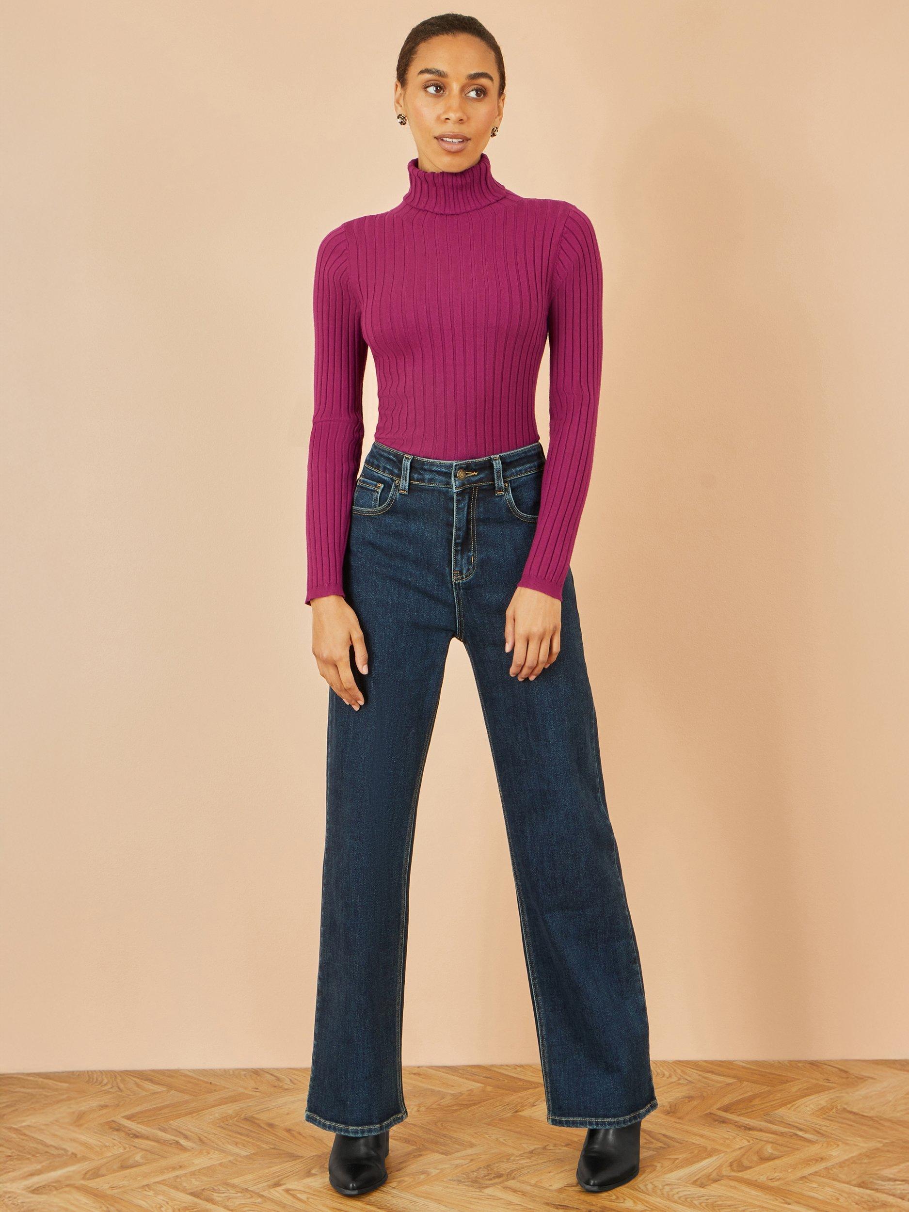 Product image 2 of 4, which shows Yumi Ribbed Roll Neck Jumper, Plum, XS