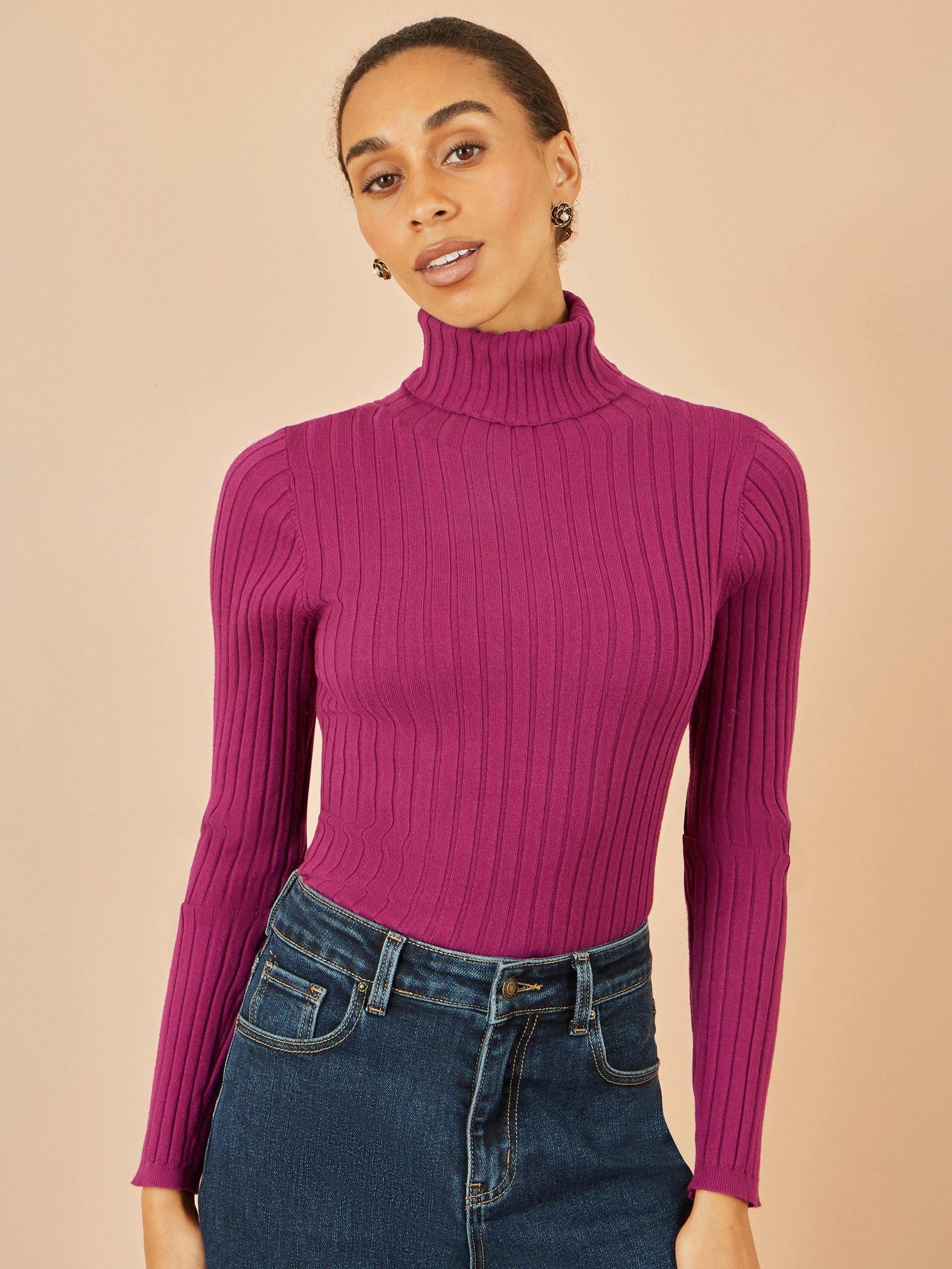 Product image 3 of 4, which shows Yumi Ribbed Roll Neck Jumper, Plum, XS