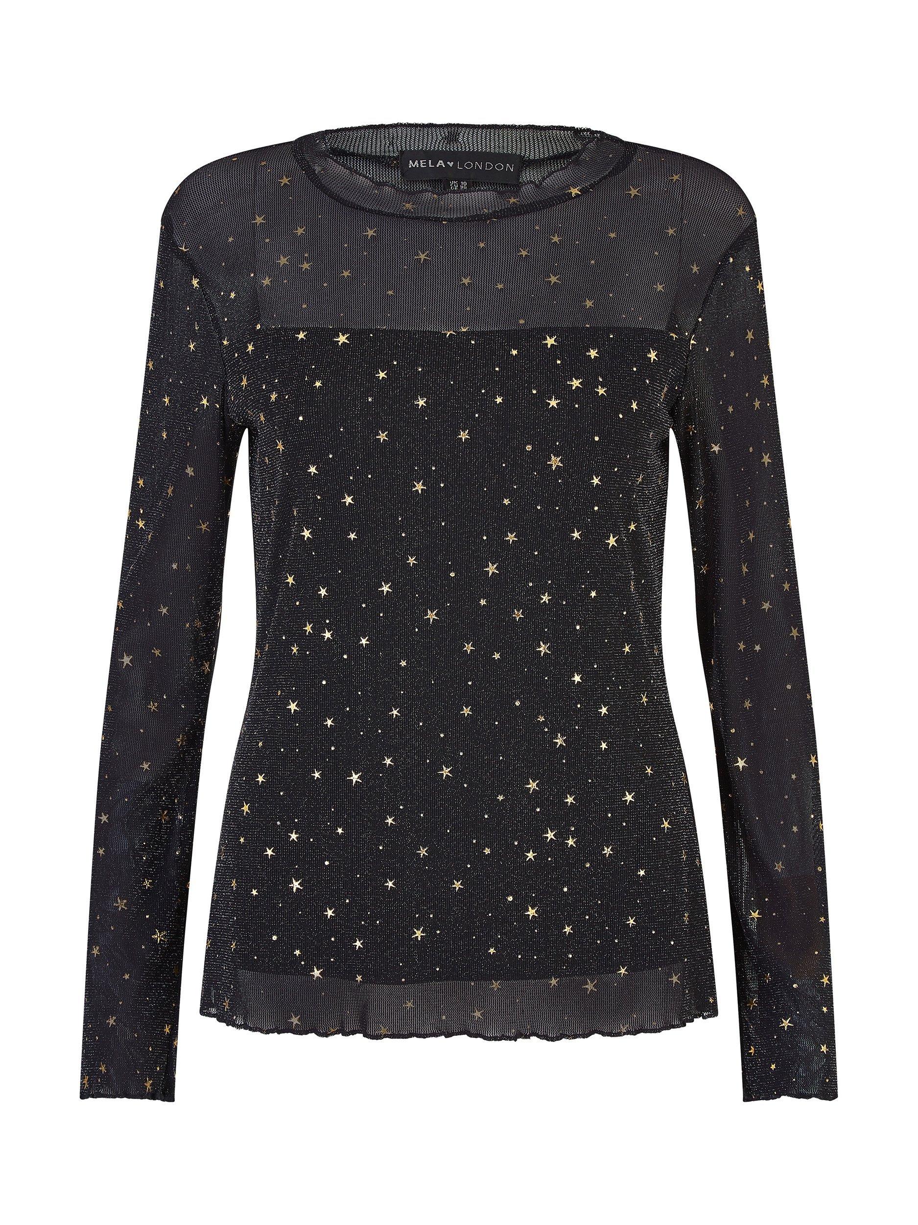 Product image 6 of 6, which shows Yumi Star Mesh Long Sleeve Top, Black, 8