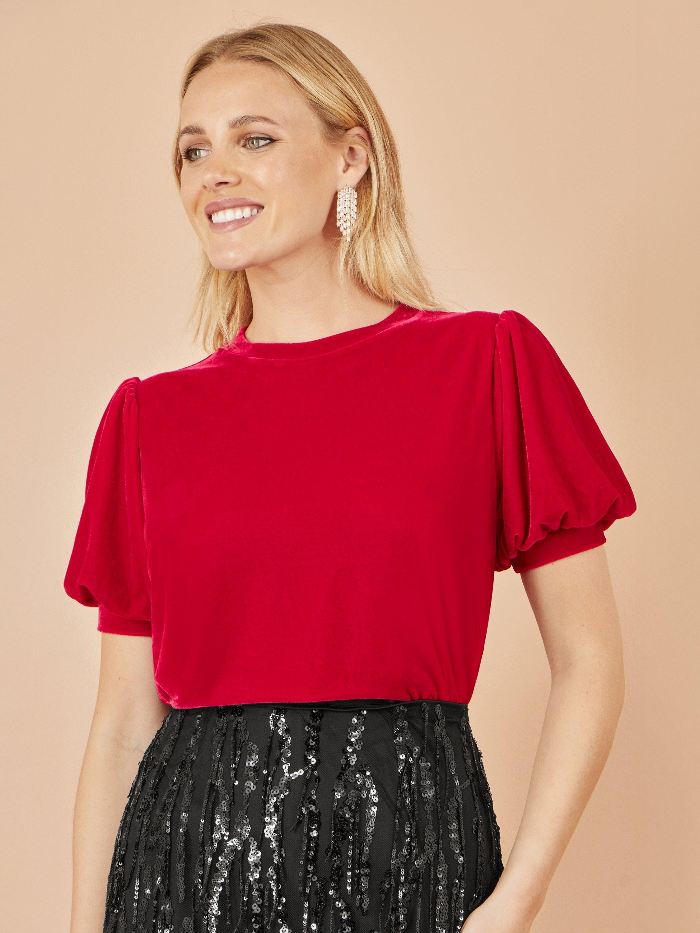 Product image 1 of 5, which shows Yumi Velvet Puff Sleeve Top, Red, 8